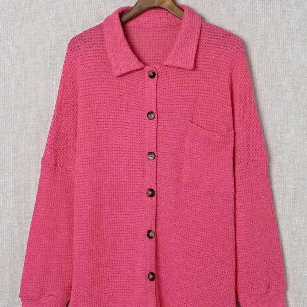 Pink Cute Women's Button Front Waffle Knit Long Sleeve Shacket